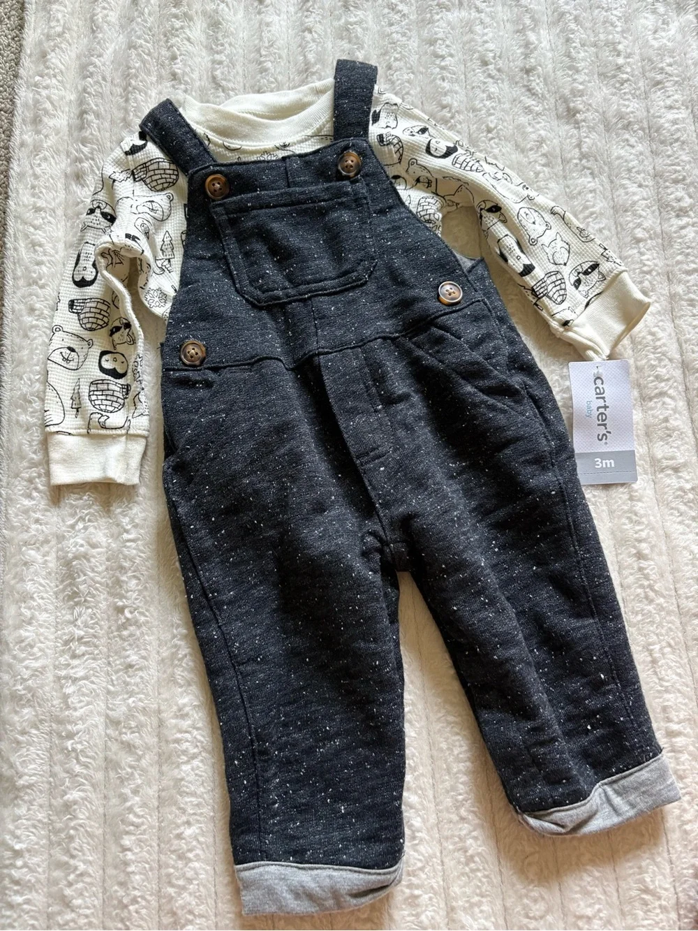 Carter's Black Speckled Knit Overalls with Wooden Buttons